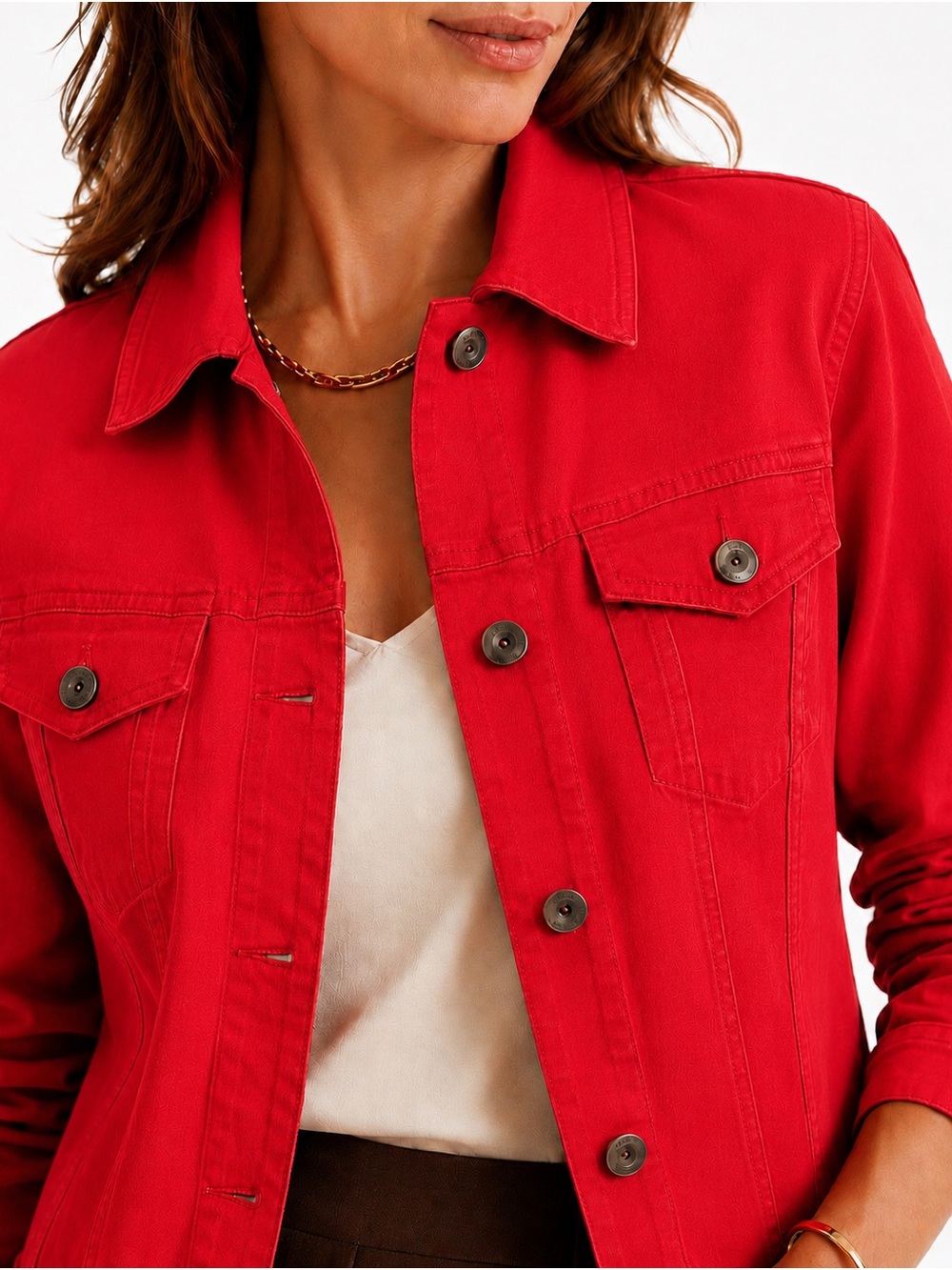 NWT Red Women's Stretch Jean Denim Jacket with Button Flap Pockets Statement